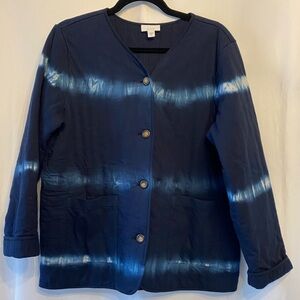 J.Jill Purejill 100% Cotton Navy Blue Quilted Jacket MD Tie Dye Button Front